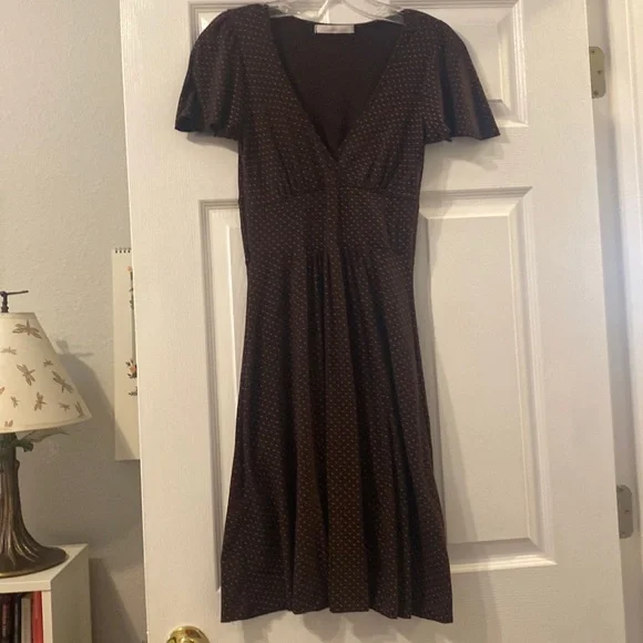 chocolate brown polka dot dress Brown Polka Dot Puff Sleeve Ottillie Midi Dress main image 1
